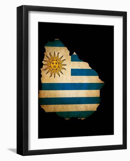 Outline Map Of Uruguay With Grunge Flag Insert Isolated On Black-Veneratio-Framed Art Print