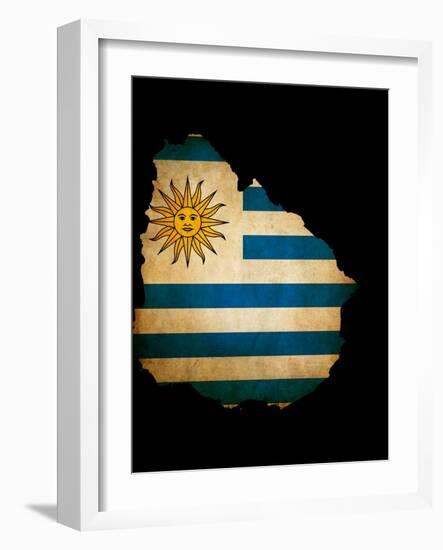 Outline Map Of Uruguay With Grunge Flag Insert Isolated On Black-Veneratio-Framed Art Print