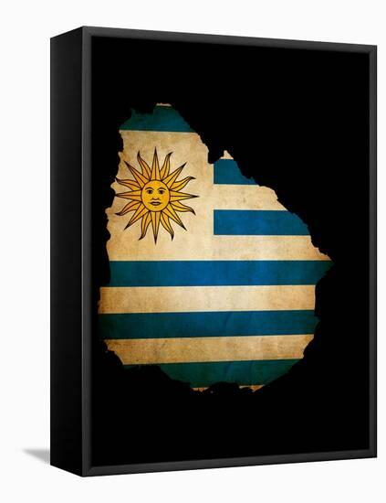 Outline Map Of Uruguay With Grunge Flag Insert Isolated On Black-Veneratio-Framed Stretched Canvas