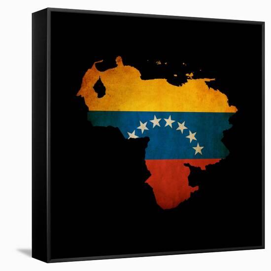 Outline Map Of Venezuela With Grunge Flag Insert Isolated On Black-Veneratio-Framed Stretched Canvas