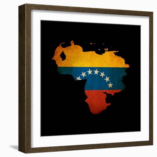 Outline Map Of Venezuela With Grunge Flag Insert Isolated On Black-Veneratio-Framed Art Print