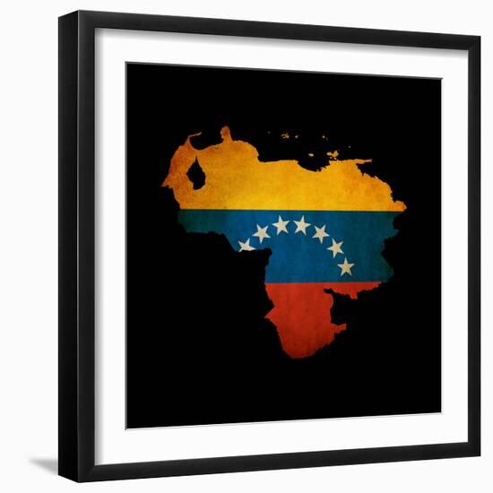 Outline Map Of Venezuela With Grunge Flag Insert Isolated On Black-Veneratio-Framed Art Print