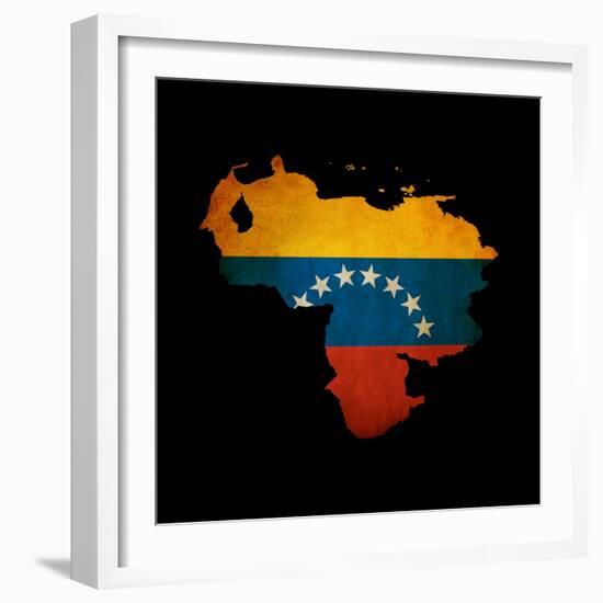 Outline Map Of Venezuela With Grunge Flag Insert Isolated On Black-Veneratio-Framed Art Print