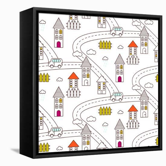 Outline Village Seamless Vector Pattern. Rustic Landscape with Road, Houses, Car and Fields Repeat-YoPixArt-Framed Stretched Canvas