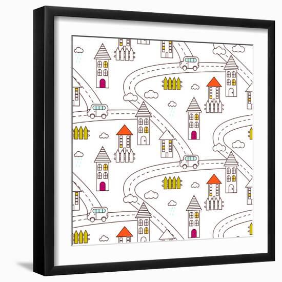 Outline Village Seamless Vector Pattern. Rustic Landscape with Road, Houses, Car and Fields Repeat-YoPixArt-Framed Art Print