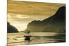 Outrigger at Sunset in the Bay of El Nido, Bacuit Archipelago, Palawan, Philippines-Michael Runkel-Mounted Photographic Print