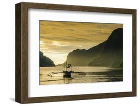 Outrigger at Sunset in the Bay of El Nido, Bacuit Archipelago, Palawan, Philippines-Michael Runkel-Framed Photographic Print