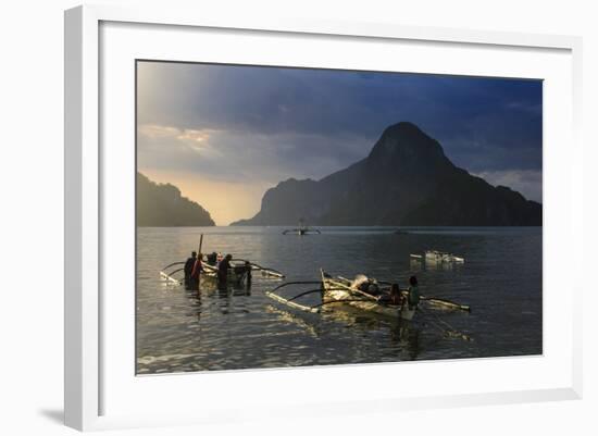 Outrigger Boat at Sunset in the Bay of El Nido, Bacuit Archipelago, Palawan, Philippines-Michael Runkel-Framed Photographic Print