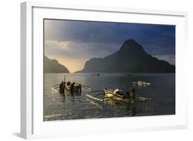 Outrigger Boat at Sunset in the Bay of El Nido, Bacuit Archipelago, Palawan, Philippines-Michael Runkel-Framed Photographic Print