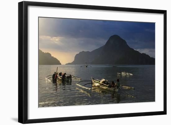 Outrigger Boat at Sunset in the Bay of El Nido, Bacuit Archipelago, Palawan, Philippines-Michael Runkel-Framed Photographic Print