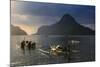 Outrigger Boat at Sunset in the Bay of El Nido, Bacuit Archipelago, Palawan, Philippines-Michael Runkel-Mounted Photographic Print