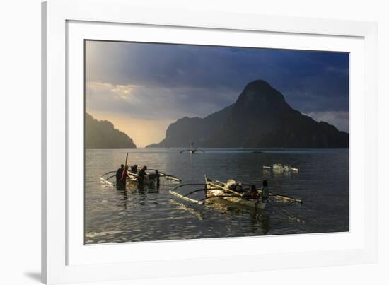 Outrigger Boat at Sunset in the Bay of El Nido, Bacuit Archipelago, Palawan, Philippines-Michael Runkel-Framed Photographic Print