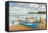 Outrigger Fishing Boat and People Pulling Net in by Hand to Shore Near Batu Karas-Rob-Framed Stretched Canvas