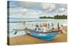 Outrigger Fishing Boat and People Pulling Net in by Hand to Shore Near Batu Karas-Rob-Stretched Canvas