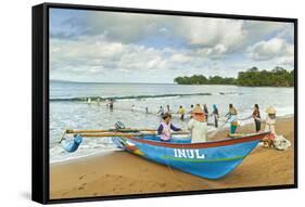 Outrigger Fishing Boat and People Pulling Net in by Hand to Shore Near Batu Karas-Rob-Framed Stretched Canvas