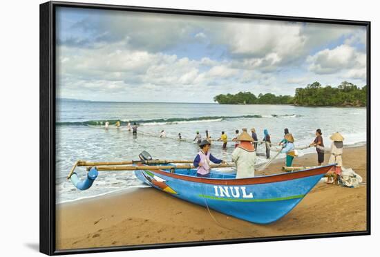 Outrigger Fishing Boat and People Pulling Net in by Hand to Shore Near Batu Karas-Rob-Framed Photographic Print