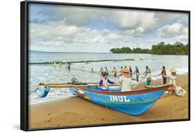 Outrigger Fishing Boat and People Pulling Net in by Hand to Shore Near Batu Karas-Rob-Framed Photographic Print