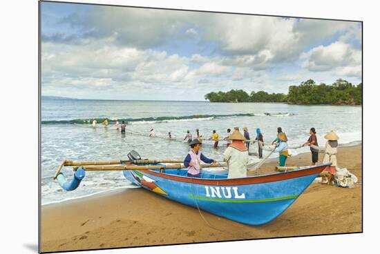 Outrigger Fishing Boat and People Pulling Net in by Hand to Shore Near Batu Karas-Rob-Mounted Photographic Print