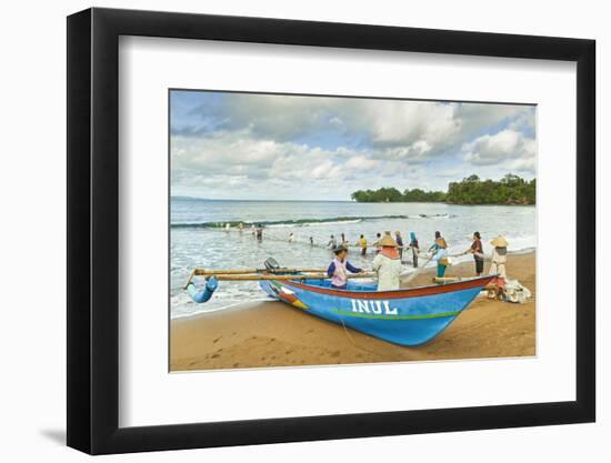 Outrigger Fishing Boat and People Pulling Net in by Hand to Shore Near Batu Karas-Rob-Framed Photographic Print