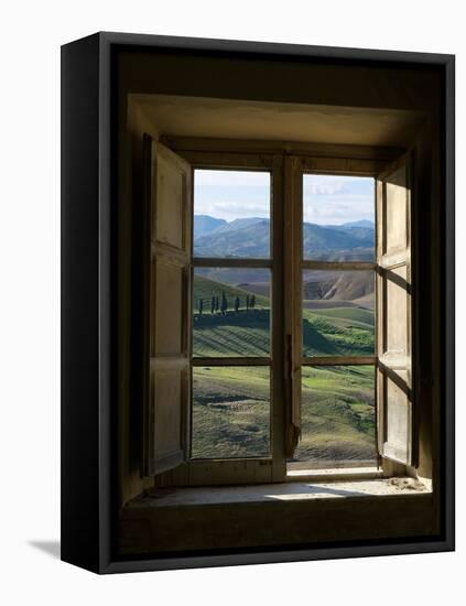 Outside View of Cypress Trees and Green Hills Through a Shabby Windows-ollirg-Framed Stretched Canvas