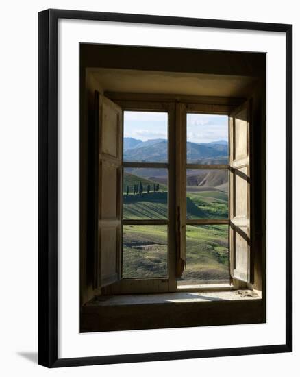 Outside View of Cypress Trees and Green Hills Through a Shabby Windows-ollirg-Framed Premium Photographic Print