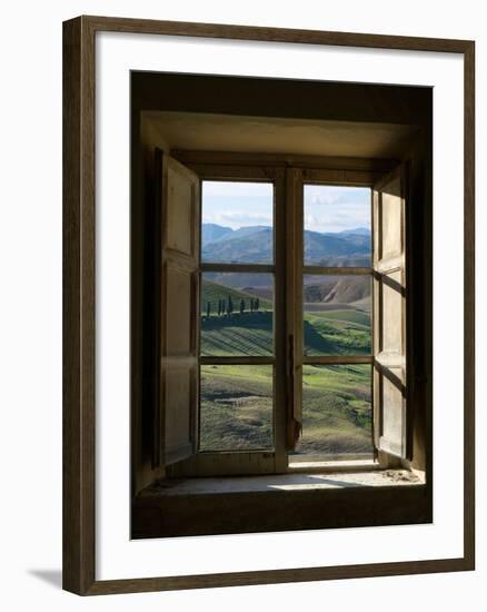 Outside View of Cypress Trees and Green Hills Through a Shabby Windows-ollirg-Framed Premium Photographic Print