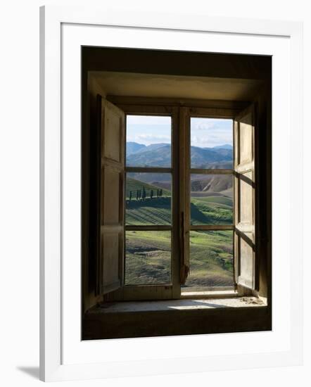 Outside View of Cypress Trees and Green Hills Through a Shabby Windows-ollirg-Framed Photographic Print