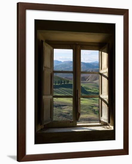 Outside View of Cypress Trees and Green Hills Through a Shabby Windows-ollirg-Framed Photographic Print