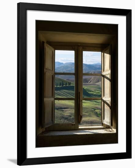 Outside View of Cypress Trees and Green Hills Through a Shabby Windows-ollirg-Framed Photographic Print