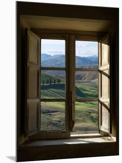 Outside View of Cypress Trees and Green Hills Through a Shabby Windows-ollirg-Mounted Photographic Print