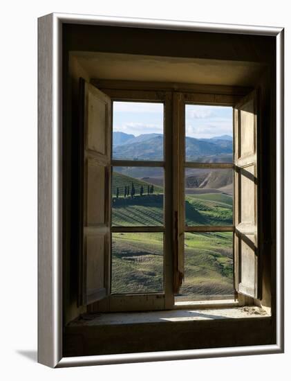 Outside View of Cypress Trees and Green Hills Through a Shabby Windows-ollirg-Framed Photographic Print