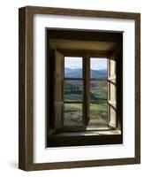 Outside View of Cypress Trees and Green Hills Through a Shabby Windows-ollirg-Framed Photographic Print