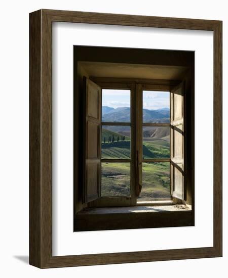 Outside View of Cypress Trees and Green Hills Through a Shabby Windows-ollirg-Framed Photographic Print