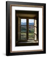 Outside View of Cypress Trees and Green Hills Through a Shabby Windows-ollirg-Framed Photographic Print