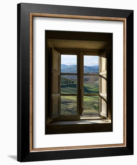 Outside View of Cypress Trees and Green Hills Through a Shabby Windows-ollirg-Framed Photographic Print