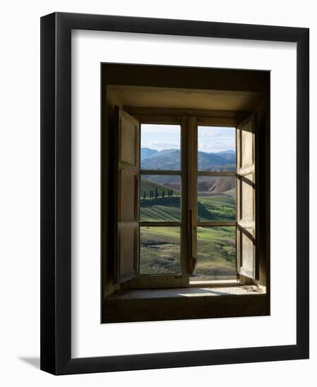 Outside View of Cypress Trees and Green Hills Through a Shabby Windows-ollirg-Framed Photographic Print