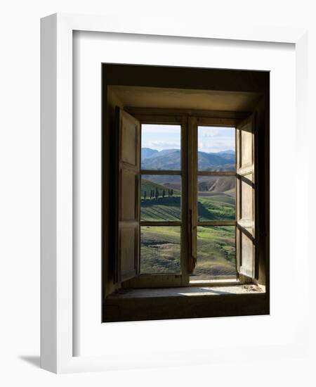 Outside View of Cypress Trees and Green Hills Through a Shabby Windows-ollirg-Framed Photographic Print