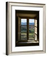 Outside View of Cypress Trees and Green Hills Through a Shabby Windows-ollirg-Framed Photographic Print