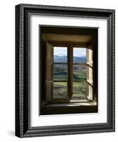 Outside View of Cypress Trees and Green Hills Through a Shabby Windows-ollirg-Framed Photographic Print