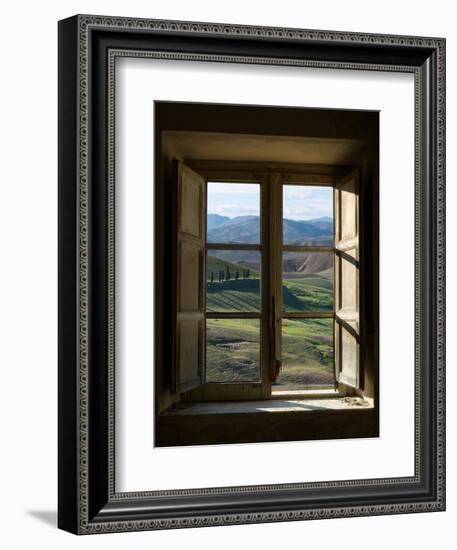 Outside View of Cypress Trees and Green Hills Through a Shabby Windows-ollirg-Framed Photographic Print