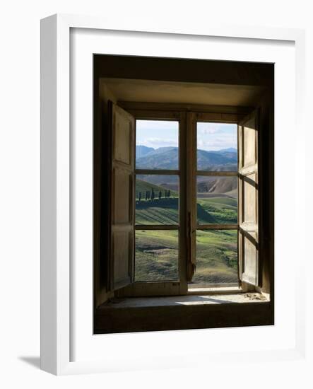 Outside View of Cypress Trees and Green Hills Through a Shabby Windows-ollirg-Framed Photographic Print