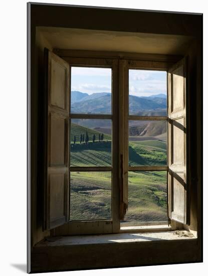 Outside View of Cypress Trees and Green Hills Through a Shabby Windows-ollirg-Mounted Photographic Print