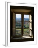 Outside View of Cypress Trees and Green Hills Through a Shabby Windows-ollirg-Framed Photographic Print