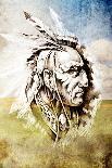 Sketch Of Tattoo Art, Indian Head Over Field Background-outsiderzone-Art Print