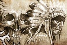 Sketch Of Tattoo Art, Indian Head Over Crop-Field Background-outsiderzone-Art Print