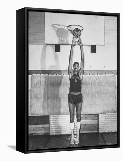 Overbrook Highschool Basketball Team, Wilt "The Stilt" Chamberlain Touch Basket at Regular Standing-Grey Villet-Framed Stretched Canvas