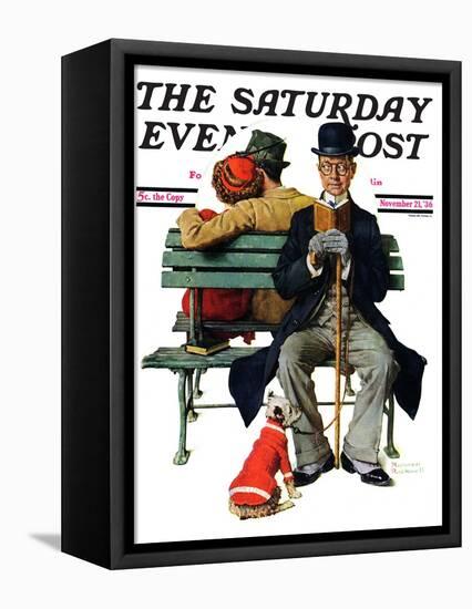 "Overheard Lovers" (man on park bench) Saturday Evening Post Cover, November 21,1936-Norman Rockwell-Framed Stretched Canvas