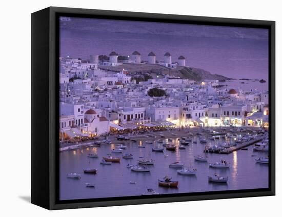 Overview of Mykonos Town harbor, Mykonos, Cyclades Islands, Greece-Walter Bibikow-Framed Stretched Canvas