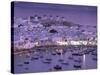 Overview of Mykonos Town harbor, Mykonos, Cyclades Islands, Greece-Walter Bibikow-Stretched Canvas