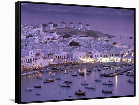 Overview of Mykonos Town harbor, Mykonos, Cyclades Islands, Greece-Walter Bibikow-Framed Stretched Canvas